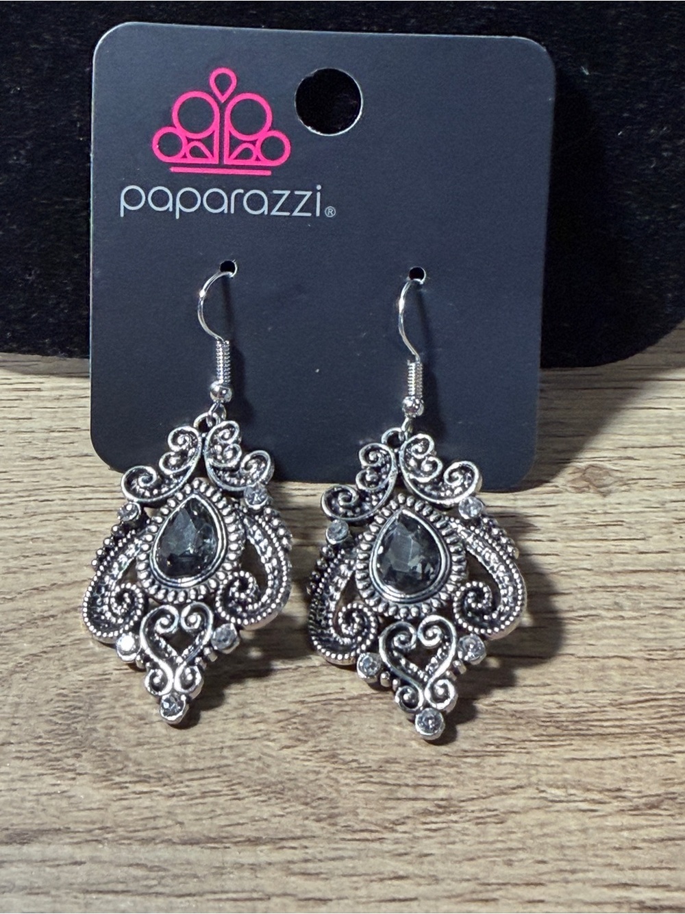 paparazzi Silver Filigree Teardrop Dangle Earrings with Smoky Stones